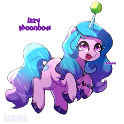 Size: 1263x1263 | Tagged: safe, artist:riukime, imported from derpibooru, izzy moonbow, pony, unicorn, ball, bracelet, cute, female, g5, horn, horn guard, horn impalement, hornball, izzy's tennis ball, izzybetes, jewelry, mare, open mouth, simple background, solo, tennis ball, text, unshorn fetlocks, white background