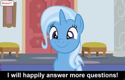 Size: 1920x1218 | Tagged: safe, artist:agrol, edit, edited screencap, imported from derpibooru, screencap, trixie, pony, unicorn, comic:celestia's servant interview, headmare of the school, bronybait, caption, cs captions, cute, diatrixes, female, furniture, interview, looking at you, mare, missing accessory, solo, text, wide smile