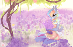 Size: 4598x3024 | Tagged: safe, artist:elektra-gertly, imported from derpibooru, oc, oc only, anthro, butterfly, pegasus, unguligrade anthro, clothes, dress, field, flower, flower in hair, lavender, solo, tree