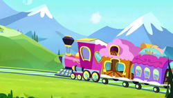 Size: 1280x727 | Tagged: safe, imported from derpibooru, screencap, equestria games (episode), background, friendship express, hill, mountain, no pony, scenery, scenic ponyville, train