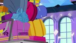 Size: 1280x727 | Tagged: safe, imported from derpibooru, screencap, equestria games (episode), background, bag, crystal empire, no pony, scenic ponyville, suitcase, train station, window