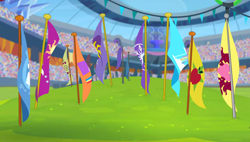 Size: 1280x727 | Tagged: safe, imported from derpibooru, screencap, equestria games (episode), background, cloudsdale flag, crowd, crystal empire, crystal empire flag, flag, flags of equestrian regions, griffonstone flag, ponyville flag, scenic ponyville, stadium