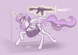 Size: 2000x1398 | Tagged: safe, artist:rosik, imported from derpibooru, princess celestia, alicorn, pony, assault rifle, bag, car-15 commando, gun, levitation, magic, mask, money, necktie, payday 2, rifle, robbery, running, shooting, telekinesis, weapon