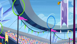 Size: 1280x727 | Tagged: safe, imported from derpibooru, screencap, equestria games (episode), background, banner, cloud, crowd, crystal empire, scenic ponyville, stadium