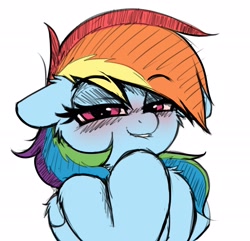 Size: 2048x1975 | Tagged: safe, artist:heavymetalbronyyeah, imported from derpibooru, rainbow dash, pegasus, pony, colored sketch, floppy ears, lidded eyes, lip bite, looking at you, smiling, solo
