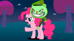 Size: 1024x576 | Tagged: safe, artist:nemaohtf, imported from derpibooru, pinkie pie, angry, background, crossover, evil, evil grin, flippy, fliqpy, grin, gun, happy tree friends, lock and load, pointing, raised hoof, smiling, this will end in death, this will end in pain, this will not end well, weapon