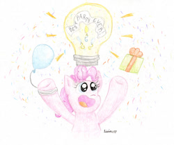 Size: 1024x855 | Tagged: safe, artist:kirbyliscious, imported from derpibooru, pinkie pie, earth pony, pony, balloon, cute, idea, lightbulb, open mouth, open smile, present, smiling, solo, sparkly eyes, traditional art, wingding eyes