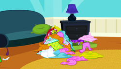 Size: 1280x727 | Tagged: safe, imported from derpibooru, screencap, equestria games (episode), background, clothes, couch, feather, hotel room, lamp, liminal space, no pony, scenic ponyville, suitcase