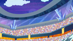 Size: 1280x727 | Tagged: safe, imported from derpibooru, screencap, equestria games (episode), background, banner, cloud, crowd, crystal, crystal empire, night, no pony, scenic ponyville, stadium