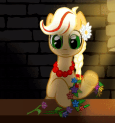 Size: 275x293 | Tagged: safe, artist:ailish, imported from derpibooru, oc, oc:poppy seed (mec), earth pony, pony, animated, braid, cute, flower, flower in hair, gif, mascot, middle equestrian convention, not applejack, ocbetes, silly, tongue out, youtube link