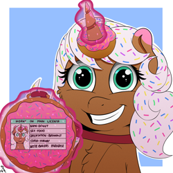 Size: 2000x2000 | Tagged: safe, artist:h3nger, imported from derpibooru, oc, oc only, oc:donut, oc:donut daydream, food pony, original species, pony, unicorn, chest fluff, donut, food, grin, high res, horn, horn impalement, horny on main, levitation, looking at you, magic, ponified, smiling, solo, sprinkles, telekinesis