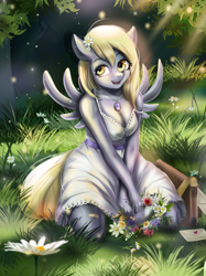 Size: 850x1135 | Tagged: safe, artist:mdwines, imported from derpibooru, derpy hooves, anthro, pegasus, breasts, canon, cleavage, clothes, cottagecore, cute, derpabetes, dress, fanart, featured image, female, floral head wreath, flower, flower in hair, forest, grass, jewelry, kneeling, mail, mdwi, mixed media, necklace, off shoulder, open mouth, open smile, outdoors, park, smiling, solo, spread wings, summer, white dress, wings