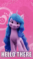 Size: 281x500 | Tagged: safe, edit, imported from derpibooru, izzy moonbow, pony, unicorn, spoiler:g5, spoiler:my little pony: a new generation, animated, cropped, cute, g5, gif, hello there, izzybetes, meme, my little pony: a new generation, obi wan kenobi, open mouth, smiling, solo, star wars, text, text edit, volumetric mouth