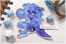 Size: 1024x683 | Tagged: safe, artist:aniimoni, artist:kitten-in-the-jar, imported from derpibooru, princess luna, alicorn, pony, bust, chest fluff, colored pupils, crying, cute, cutout, ear fluff, lunabetes, origami, photo, solo, stars, traditional art, watercolor painting