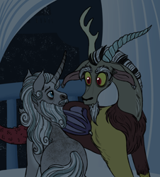 Size: 3612x4000 | Tagged: safe, artist:queenderpyturtle, imported from derpibooru, discord, star swirl the bearded, draconequus, pony, dialogue in the description, high res, implied gay, implied shipping, male, story included