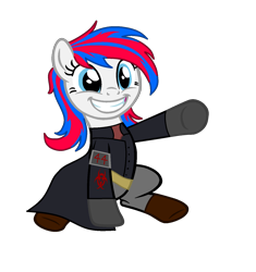 Size: 1349x1434 | Tagged: safe, artist:ngthanhphong, imported from derpibooru, oc, oc:snowi, pony, fallout equestria, fallout equestria: project horizons, blue eyes, blue hair, boots, clothes, eyelashes, fallout, fanfic art, female, mare, pants, red and blue, red hair, shoes, smiley face, smiling, solo, uniform, vault 44, white pony