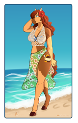 Size: 2269x3569 | Tagged: safe, artist:blackblood-queen, imported from derpibooru, oc, oc only, oc:honeypot meadow, anthro, earth pony, unguligrade anthro, anthro oc, beach, beauty mark, bikini, blaze (coat marking), clothes, coat markings, commission, digital art, earth pony oc, facial markings, female, flower, flower in hair, high res, mare, signature, sky, smiling, solo, swimsuit, two piece swimsuit, two-piece swimsuit, water, wave