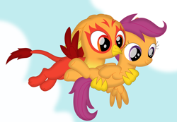 Size: 3474x2403 | Tagged: safe, artist:porygon2z, imported from derpibooru, scootaloo, oc, oc:heatwave, griffon, pegasus, pony, bridal carry, carrying, duo, female, flying, high res, male, scootalove