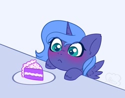 Size: 2244x1764 | Tagged: safe, alternate version, artist:cloudberry_mess, imported from derpibooru, princess luna, blushing, cake, cute, feathered wings, female, filly, food, hooves on the table, lunabetes, solo, spread wings, table, wings, woona, younger