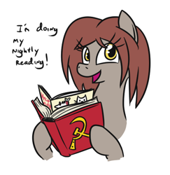 Size: 448x460 | Tagged: safe, artist:jargon scott, oc, oc only, oc:veronika, earth pony, pony, art pack:marenheit 451 afterparty stream, blatant lies, communism, communist manifesto, dialogue, earth pony oc, female, looking at you, mare, open mouth, solo