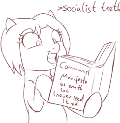 Size: 2716x2785 | Tagged: artist needed, safe, oc, oc only, oc:veronika, earth pony, pony, art pack:marenheit 451 afterparty stream, book, communism, communist manifesto, earth pony oc, female, mare, reading, smiling, socialist teeth, solo