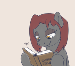 Size: 2500x2200 | Tagged: safe, artist:potes, oc, oc only, oc:veronika, earth pony, pony, art pack:marenheit 451 afterparty stream, book, communism, communist manifesto, earth pony oc, female, lidded eyes, mare, reading, signature, solo, upside down book