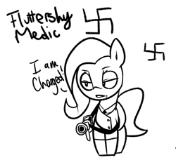 Size: 917x836 | Tagged: safe, artist:lyrabop, fluttershy, pegasus, pony, art pack:marenheit 451 afterparty stream, clothes, dialogue, female, mare, medic, medigun, nazi, sketch, solo, swastika, team fortress 2