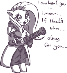 Size: 2601x2815 | Tagged: artist needed, safe, fluttershy, pegasus, pony, art pack:marenheit 451, bipedal, clothes, coat, dialogue, female, looking at you, mare, medic, medigun, open mouth, solo, team fortress 2