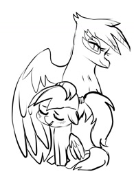 Size: 1161x1489 | Tagged: artist needed, safe, gilda, oc, oc:luftkrieg, griffon, pegasus, pony, art pack:marenheit 451 afterparty stream, eyes closed, female, filly, pegasus oc, petting, sitting, sketch, tail wrap, wings