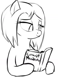 Size: 1071x1410 | Tagged: artist needed, safe, oc, oc only, oc:veronika, earth pony, pony, art pack:marenheit 451 afterparty stream, communism, communist manifesto, earth pony oc, female, lidded eyes, mare, reading, sketch, smiling, solo