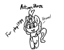 Size: 1115x859 | Tagged: safe, artist:lyrabop, autumn blaze, kirin, art pack:marenheit 451 afterparty stream, cute, dialogue, female, hewwo, looking at you, mare, open mouth, raised hoof, solo