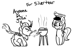 Size: 1214x760 | Tagged: safe, artist:lyrabop, autumn blaze, oc, oc:aryanne, earth pony, kirin, pony, art pack:marenheit 451 afterparty stream, breathing fire, duo, earth pony oc, female, grill, grilling, hat, mare, nazi, sketch, swastika