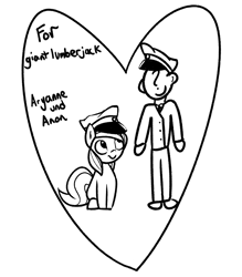 Size: 778x889 | Tagged: safe, artist:lyrabop, oc, oc only, oc:anon, oc:aryanne, earth pony, human, pony, art pack:marenheit 451 afterparty stream, clothes, earth pony oc, female, hat, heart, male, mare, nazi, sitting, sketch, smiling