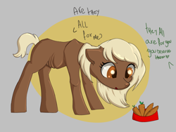 Size: 4000x3000 | Tagged: artist needed, safe, earth pony, pony, art pack:marenheit 451 post-pack, bowl, carrot, dialogue, female, filly, food, malnourished, offscreen character, open mouth, solo, verity