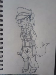 Size: 1932x2576 | Tagged: artist needed, safe, oc, oc only, oc:aryanne, earth pony, pony, semi-anthro, art pack:marenheit 451 post-pack, bipedal, blood, clothes, earth pony oc, gun, hat, looking at you, nazi, open mouth, swastika, tongue out, traditional art, weapon
