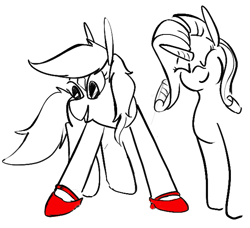 Size: 589x536 | Tagged: safe, artist:cammy, rarity, earth pony, pony, unicorn, art pack:marenheit 451 charity stream, female, filly, hoof shoes, horn, mare, open mouth, sketch, smiling, star (coat marking), verity