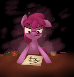 Size: 1924x2024 | Tagged: safe, artist:adarkone, berry punch, berryshine, earth pony, pony, art pack:marenheit 451 charity stream, alcohol, blushing, drawing, drunk, female, mare, mouth hold, pencil, signature, solo
