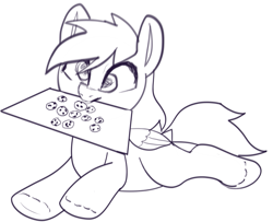 Size: 1081x876 | Tagged: artist needed, safe, derpy hooves, pegasus, pony, art pack:marenheit 451 charity stream, cookie, female, food, lying down, mare, mouth hold, sketch, solo, underhoof, wings
