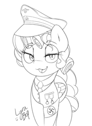 Size: 800x1100 | Tagged: safe, artist:lyrabop, cozy glow, pegasus, pony, art pack:marenheit 451 charity stream, clothes, female, filly, hat, lidded eyes, looking at you, medal, nazi, open mouth, sketch, solo, swastika, uniform, wings