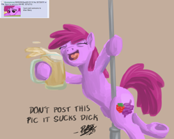 Size: 2500x2000 | Tagged: safe, artist:potes, berry punch, berryshine, earth pony, pony, art pack:marenheit 451 charity stream, alcohol, beer, drunk, eyes closed, female, mare, mug, open mouth, solo, streetlight, text, underhoof