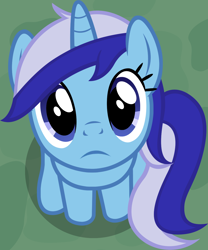 Size: 1046x1260 | Tagged: safe, imported from ponybooru, minuette, pony, unicorn, blue coat, female, frown, horn, looking at you, looking up, mare, mare stare, sitting, solo, two toned mane
