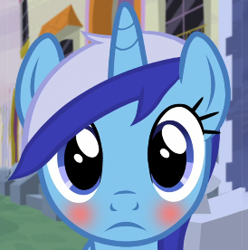 Size: 274x276 | Tagged: safe, imported from ponybooru, minuette, pony, unicorn, blue coat, blushing, female, frown, horn, looking at you, mare, mare stare, solo, two toned mane