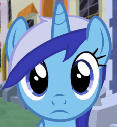 Size: 766x834 | Tagged: safe, imported from ponybooru, minuette, pony, unicorn, animated, blue coat, female, frown, horn, looking at you, mare, mare stare, scary, seizure warning, solo, two toned mane