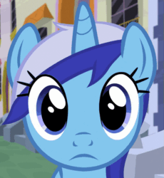 Size: 773x842 | Tagged: safe, imported from ponybooru, minuette, pony, unicorn, animated, blue coat, female, frown, gif, horn, looking at you, mare, mare stare, seizure warning, solo, two toned mane