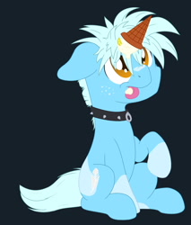 Size: 1700x2000 | Tagged: safe, artist:djdavid98, imported from derpibooru, oc, oc only, earth pony, pony, amber eyes, blue coat, coat markings, collar, colored pupils, commission, dark background, floppy ears, food, freckles, ice cream, ice cream cone, ice cream horn, lemon, looking up, male, raised leg, simple background, sitting, socks (coat markings), solo, spiked collar, spiky mane, tongue out, ych result