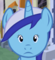 Size: 179x196 | Tagged: safe, imported from ponybooru, minuette, pony, unicorn, animated at source, blue coat, female, frown, horn, looking at you, mare, mare stare, reaction image, small eyes, solo, two toned mane