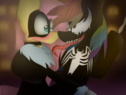 Size: 1400x1050 | Tagged: safe, artist:noxymlp, imported from twibooru, fluttershy, rainbow dash, anthro, black cat, blushing, crossover, female, flutterdash, image, lesbian, marvel, night, png, sharp teeth, shipping, spider-man, symbiote, teeth, tongue out, venom