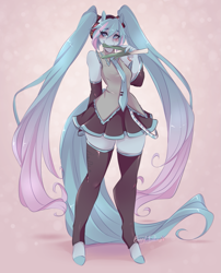 Size: 879x1090 | Tagged: safe, artist:bunnywhiskerz, imported from derpibooru, kotobukiya, anthro, earth pony, pony, unguligrade anthro, anime, anthrofied, clothes, eating, female, food, hatsune miku, headphones, herbivore, kotobukiya hatsune miku pony, leek, mare, necktie, pigtails, ponified, solo, twintails, vocaloid