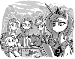 Size: 1024x802 | Tagged: safe, artist:jowybean, imported from derpibooru, applejack, fluttershy, pinkie pie, princess luna, rarity, fanfic:the immortal game, fanfic art, grayscale, monochrome, monopoly