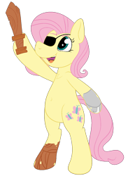 Size: 894x1222 | Tagged: safe, artist:xppp1n, imported from ponybooru, fluttershy, bipedal, body painting, eyepatch, female, mare, solo, wooden sword